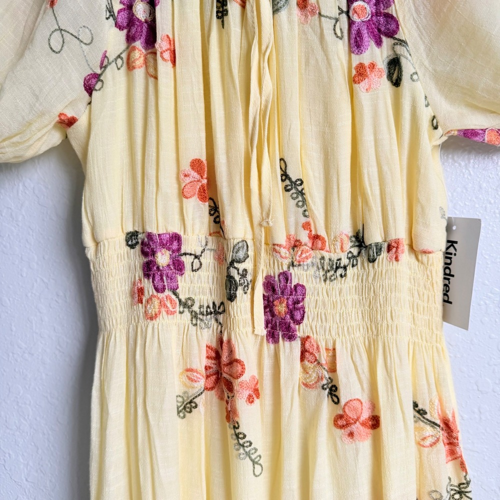 Anthro Kindred Smocked Maxi Dress Butter Yellow Embroidered NWT Cottagecore - Picture 9 of 16